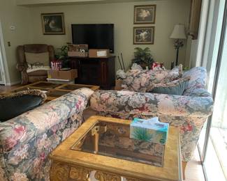 International Floral Camelback Oversized Sofa & Loveseat, Oversized Coffee Table, Framed & Signed Winberg Prints, Leather Recliner