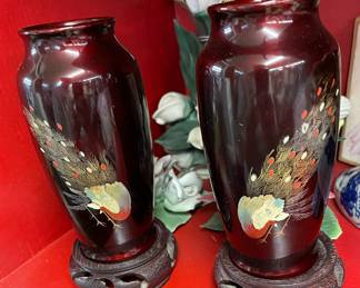 Vintage Peacock Red Oxblood Porcelain Lacquer Vases on Stands