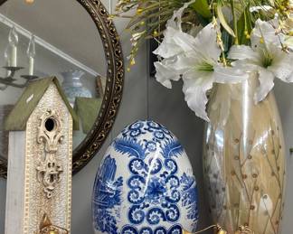 Gold Overlay Cherubs, Wooden Birdhouse Decor, Bombay Oversized Blue/White Egg on Stand, Silk Flora Arrangement 