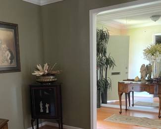 Antique Entrance Table, Silk Tree Plants, Silk Flower Arrangements, Figurines, Antique Mini Curio Cabinet, Framed Wall Art