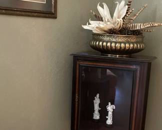 Antique Mini Curio Cabinet, Silk Plant Arrangement