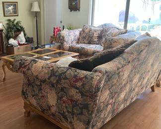 International Floral Camelback Oversized Sofa & Loveseat, Oversized Coffee Table, Framed & Signed Winberg Prints