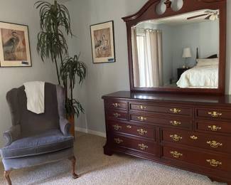 Wingback Side Chair, Silk Tree Plant, Bassett Dresser with Mirror