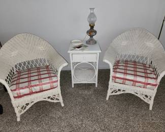 Vintage Wicker Wing Back Chairs - Side Table