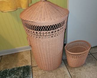 Vintage Pink Wicker Laundry Basket and Trash Can
