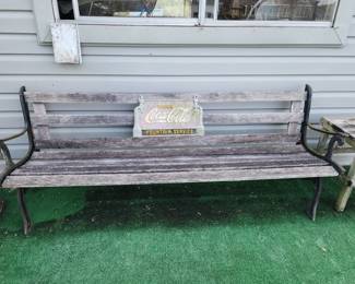 Outdoor Wooden Bench with Coca Cola Plaque