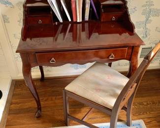 $225 - Vintage mahogany writing desk with single drawer and chair - 34" H, 32" W, 21" D, desktop 28.5"; chair - 36" H, 16.5" W, 16" D, seat height 18"
