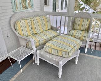 $450 - White wicker loveseat and ottoman: 42" H, 49" W, 31" D, seat height 22"; ottoman: 22" H, 34" W, 25" D; $50 - Vintage metal table #1: 15" H, 16" W, 16" D - Lloyd Flanders Heirloom Collection wicker furniture with Sunbrella slipcover fabric outdoor
cushions 
