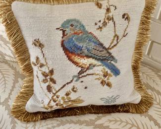 $75 - Scully & Scully bluebird needlepoint pillow with fringe #2 - approx 14" x 14"