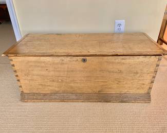 $195 - Primitive patinated, dovetailed blanket chest - 17.25" H, 42.5" W, 17.5" D