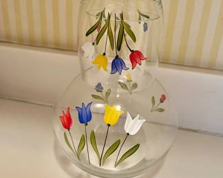 $20 Floral painted bedside pitcher and glass 
