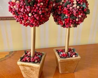 $20 - Pair of rich red autumn pomegranate & holiday faux topiaries mantle piece decor #1 - each 9.5" H