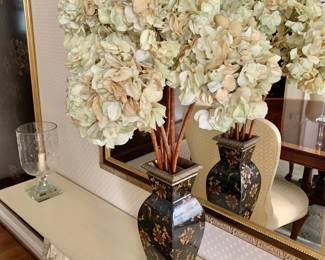 $120 - Mark Roberts chinoiserie porcelain vase with brass base and silk hydrangeas - 32" H (vase 14.25" H, 5" W, 5" D)