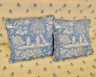 $120 - Pair Pierre Deux, Blue Toile Pillows, “The Declaration” (he is asking her to marry him)- each 14.5" x 16.5"