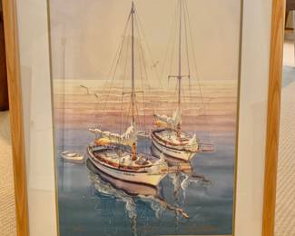 $140 - Original signed Richard Williams sailboat watercolor(AS IS matt is slightly water damaged but can be replaced)  - 32" H x 26" W
