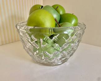 $95 - Tiffany Bamboo bowl - Faux green apples not for sale - 5.25" H, 8.75" diam  