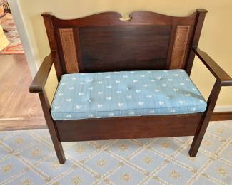 $195 - Vintage bench with storage and custom cushion - 36" H, 39.5" W, 16.5" D, seat height 20"