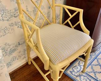 $550 - Pair Agostino Antiques Regency bamboo armchairs, custom painted yellow with blue gingham fabric  - 36.5" H, 23" W, 20" D, seat height 21"