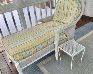 $450 - White wicker chaise - 42" H, 54" L, 27" W, seat height 22"; $50 - Vintage metal table #3 - 14" H, 12.5" W, 12.5" D - Lloyd Flanders Heirloom Collection wicker furniture with Sunbrella slipcover fabric outdoor
cushions 