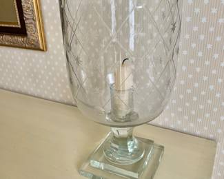 $150 - Pair star-etched crystal hurricane lamps - 11.75" H, " diam