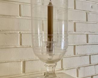 $195 - Pair of Agostino Antiques hurricane lamps with Greek Key etched motif- 15" H, 5.75" diam