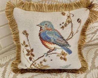 $75 - Scully & Scully bluebird needlepoint pillow with fringe #1 - approx 14" x 14"