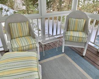 $495 - Pair white wicker chairs - each 42" H, 25.5" W, 24" D, seat height 22"; $50 - Vintage metal table #2 - 16" H, 19.5" W, 19.5" D - Lloyd Flanders Heirloom Collection wicker furniture with Sunbrella slipcover fabric outdoor
cushions 