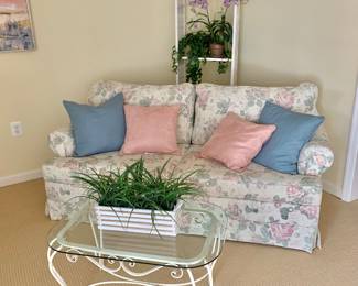 $450 - Jennifer Convertibles Sleeper Sofa, full-size bed - 32" H, 73" W, 36" D, seat height 18"; wicker etagere - 72" H, 21" W, 12" D - grass accent not for sale