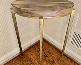 $175 - Petit gilt Scully & Scully oval side table with rustic leather/wood top - 23" H, 18" W, 11.5" D