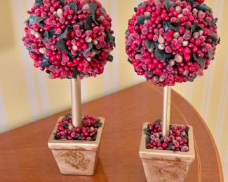 $20 - Pair of rich red autumn pomegranate & holiday faux topiaries mantle piece decor #2 - each 9.5" H