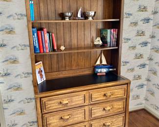 $350 - Vintage Ranch Oak bookshelf on chest - 73" H, 44" W, 18" D