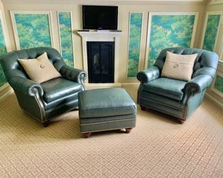 $1,600  - Hancock & Moore hunter green hobnailed and tufted leather rolled arm club  chairs and ottoman - Room view (pillows not for sale) - Each chair  3" H, 36" W, 36" D, seat height 20"