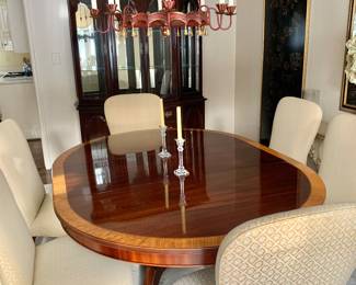 $4,800 - Smith & Watson round banded mahogany dining table with wood inlay and bird-cage pedestal, 3 leaves to make table oval and seat 12 - 28" H, 74" L, 54.5" W (leaf 20" W)