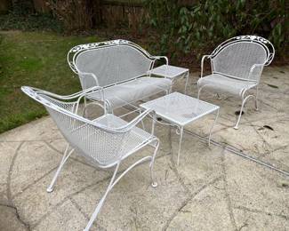 Wrought iron bench, tables and 2 chairs: $195 - bench; $50 - 19.5" square table; $40 - 16" square table; $180 - 2 chairs