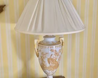 $250 - Speer Hollywood Regency Porcelain Hand Painted Peacock Trophy Lamp - 32" H, base 6" W, 6" D