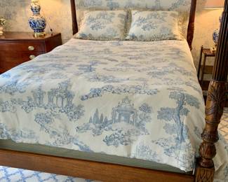 $1,600 - 4 Poster queen mahogany bed frame with canopy bars -  (bedding not for sale) -bedposts each 81" H; headboard 47" H, 68" W - MATTRESS INCLUDED WITH 3" MEMORY FOAM TOPPER
