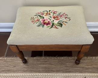 $45- Vintage needlepoint accent footstool - 10"H x 14"W x 9.5"D