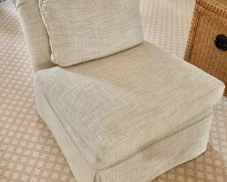 $650  - Pair Slipper Chairs with down cushions - reupholstered 2023 in Thibault Ashbourne Tweed fabric - 28.5" H, 25" W, 33" D, seat height 16"