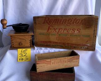 VINTAGE WOOD BOXES AND GRINDER