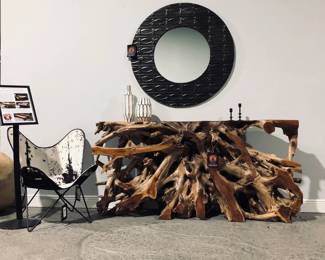 Wood Console with mirror and chair