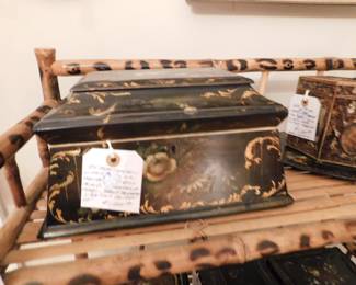 19th century work or sewing box, mother of pearl and hand painted. 