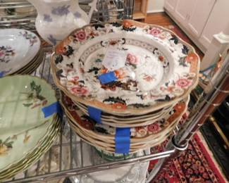 Assortment of historical transferware plates and hand painted English ware, plus a collection of platters, tea pots and more.  Most predating 1880.