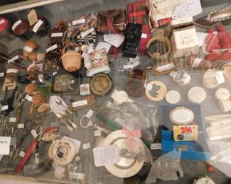Large show case filled with a sewing collection plus snuff boxes, etc. 