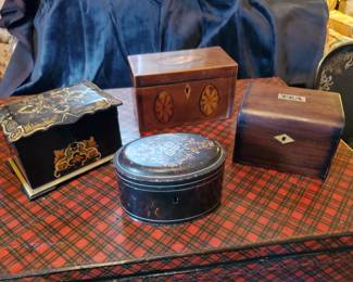 Large assortment of antique tea boxes and caddy's. 