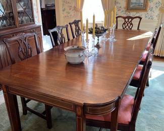 Fabulous Inlaid Davis Cabinet Dining Table and Antique Chairs