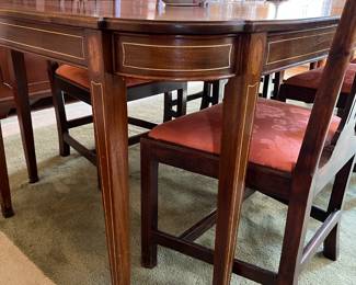 Fabulous Inlaid Davis Cabinet Dining Table and Antique Chairs