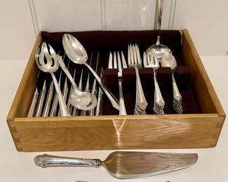 Gorham Sterling Silver Set - 1 butter knife, 10 salad forks, 10 dinner forks, 1 serving fork, 2 serving spoons, 1 slotted spoon, 1 pie server, 10 teaspoons, 10 knives, 1 ladle, sugar spoon