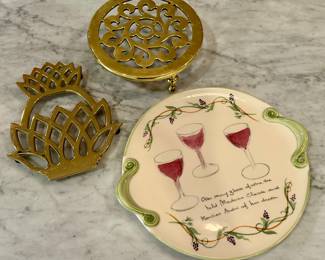 (2) Brass Trivets & Cheese Platter