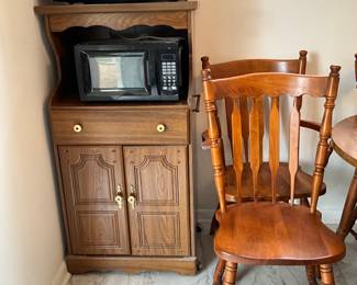 Microwaves (2) and microwave cabinet, 2 more chairs to table