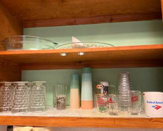 Vintage Fostoria set of glasses, Tupperware glasses, Kentucky jigger, Budweiser set of 4 glasses, A&W root beer handled mug, Schlitz glass